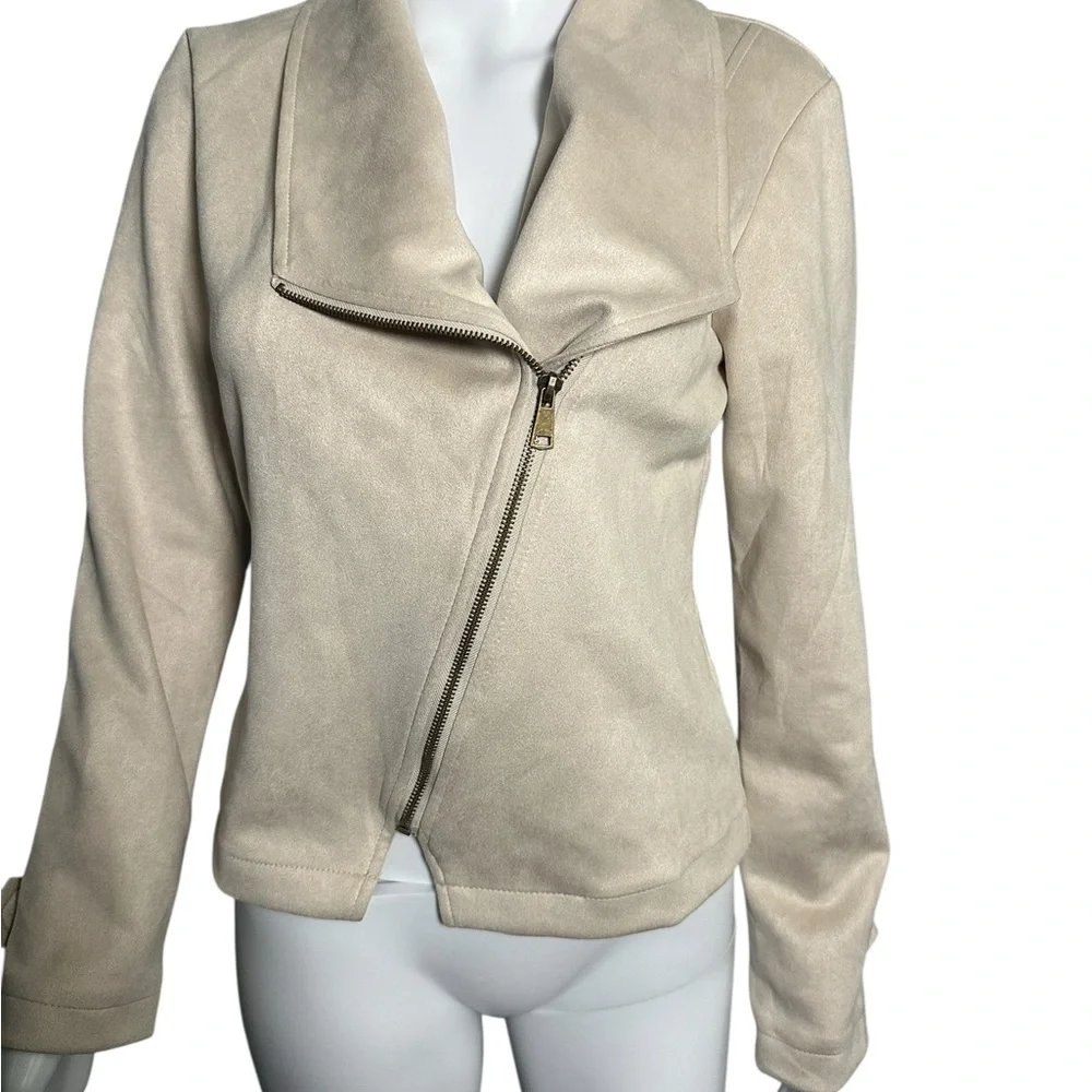 Blu Pepper Cream Bomber Jacket Moto Zip M New - Picture 2 of 7